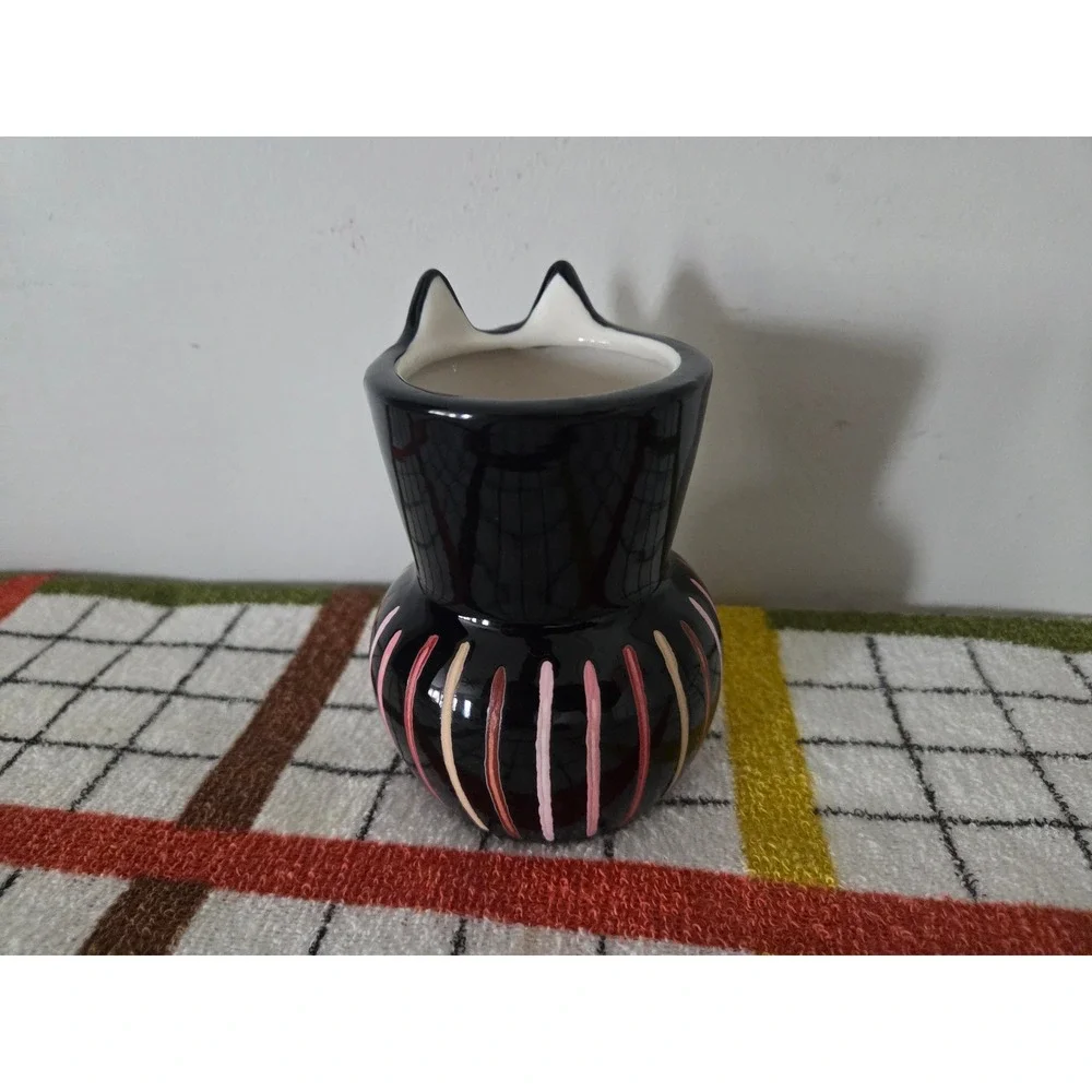 Black Cat Ceramic Bud Vase Striped Hand Painted Decorative Figurine 4 inch